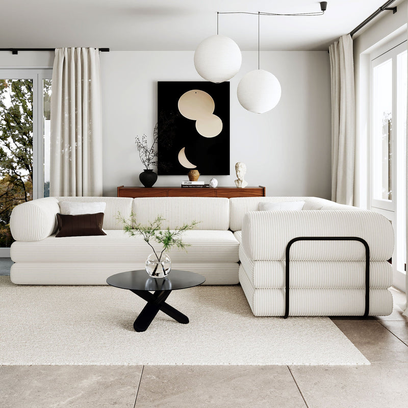 L-Shaped Modular Sofa Bed in Corduroy Fabric, Ideal for Living Rooms