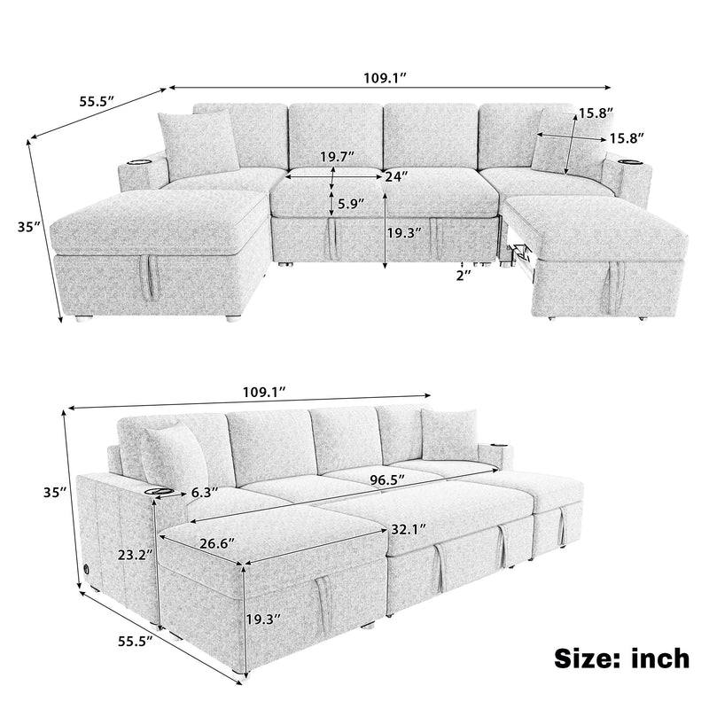 Beige Chenille Sectional Sofa Convertible Pull-out Bed with Storage