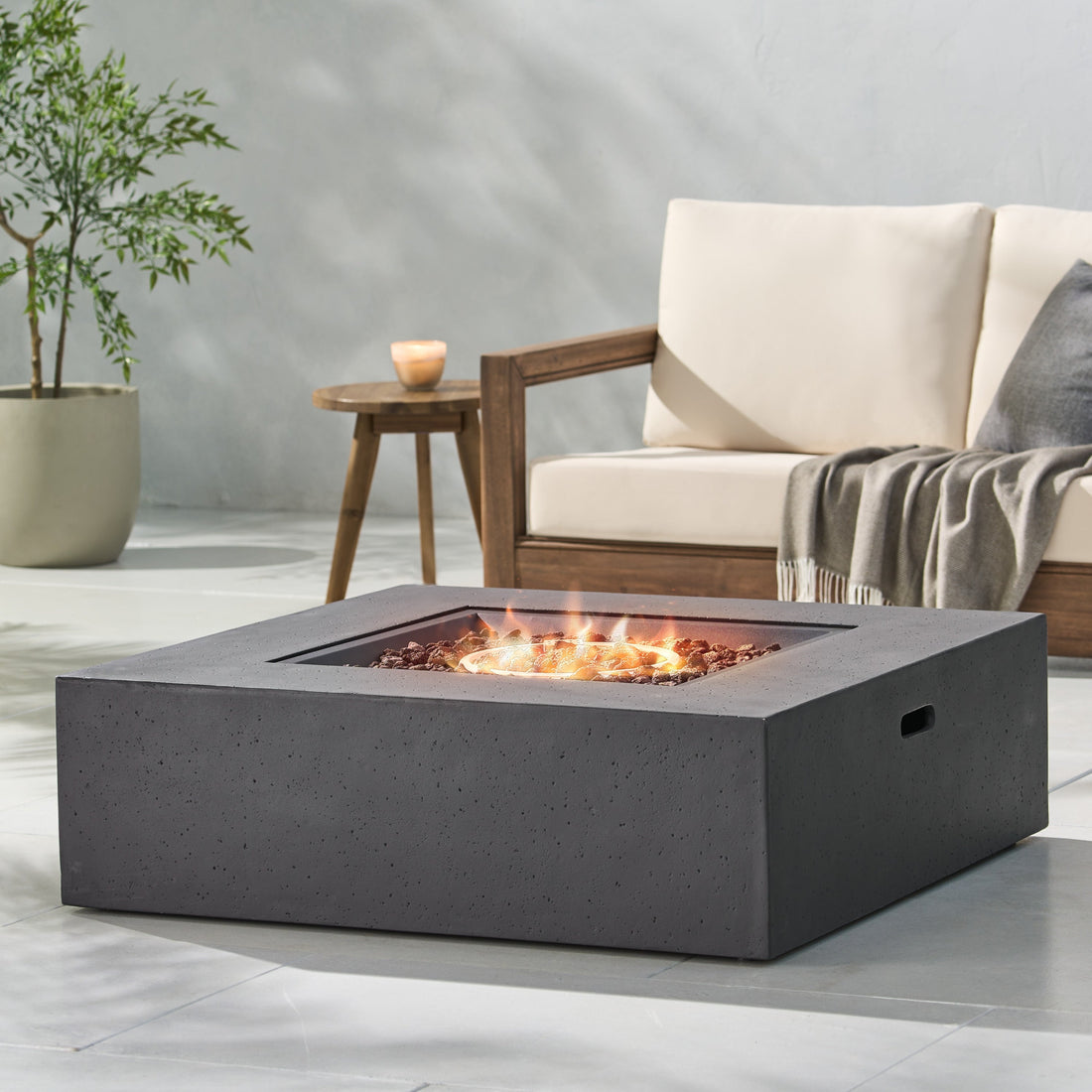 Modern 50,000 BTU Square MgO Fire Table with Propane Tank in Dark Grey