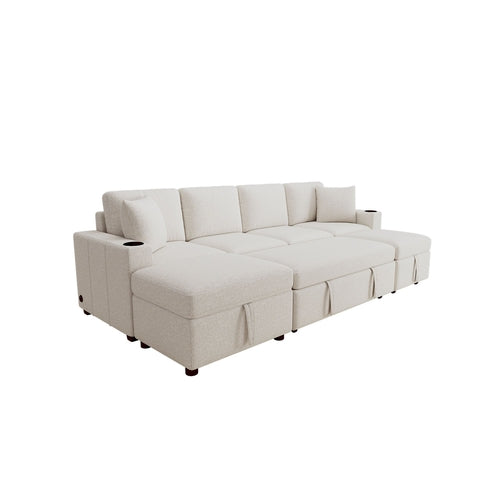 Beige Chenille Sectional Sofa Convertible Pull-out Bed with Storage