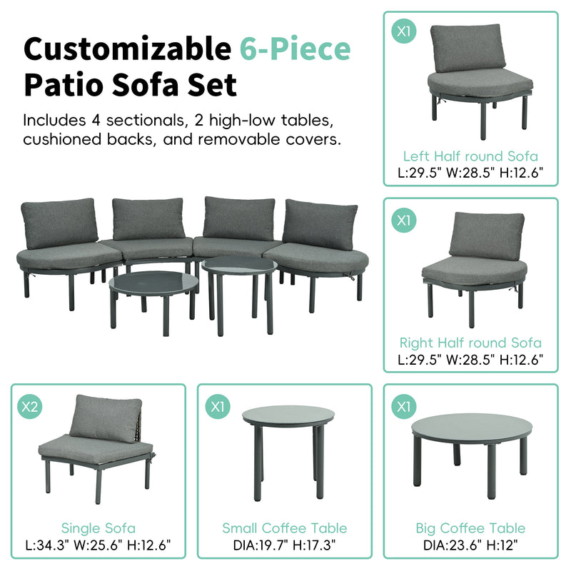 6-Piece Patio Sofa Furniture Set, Half Moon Outdoor Sectional Sofa
