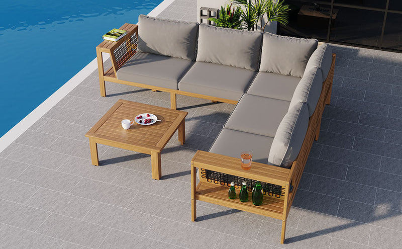 4 Pieces Outdoor Acacia Wood Sofa Set, Woven Mesh Armrests, L-Shaped