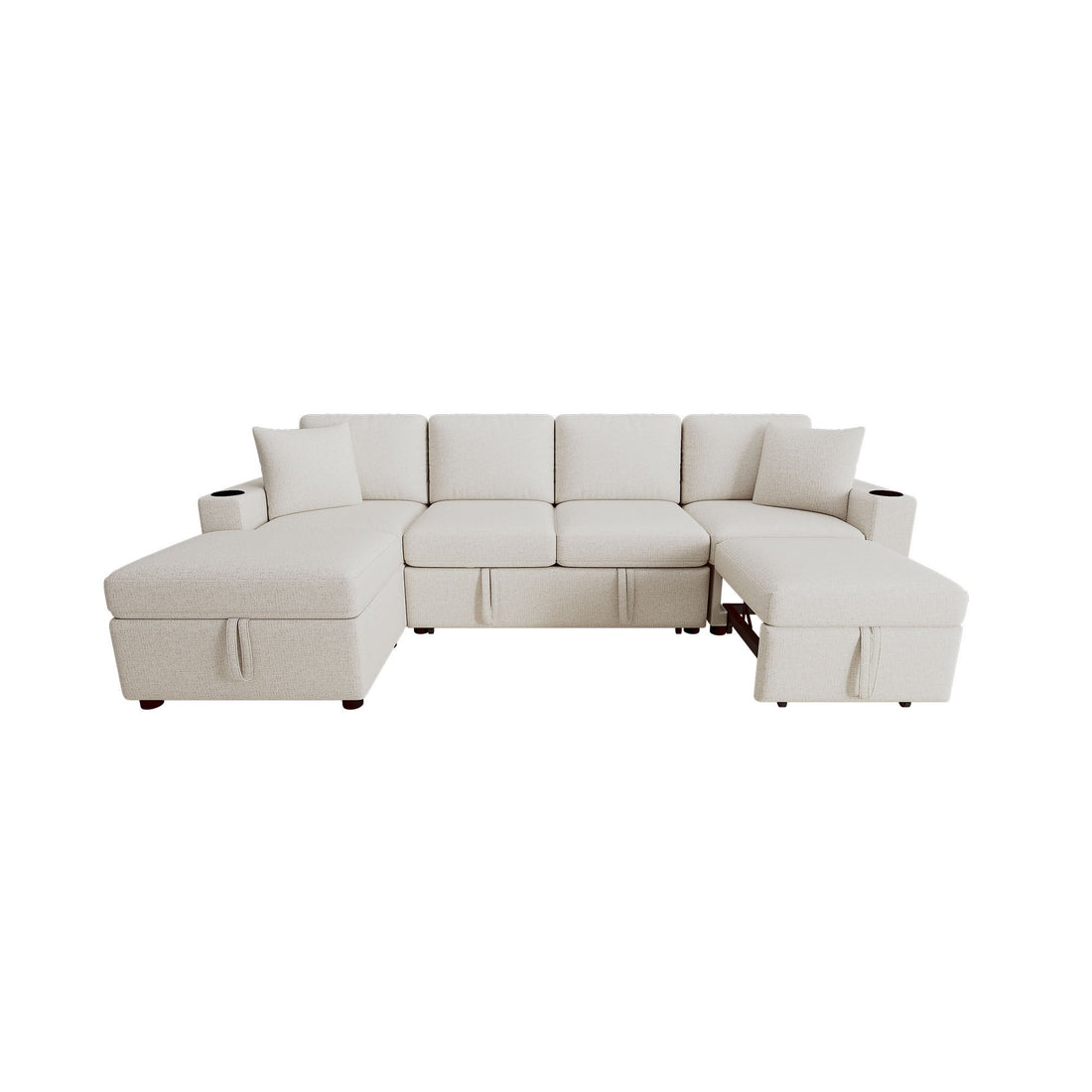 Beige Chenille Sectional Sofa Convertible Pull-out Bed with Storage