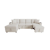 Beige Chenille Sectional Sofa Convertible Pull-out Bed with Storage