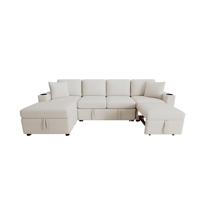 Beige Chenille Sectional Sofa Convertible Pull-out Bed with Storage