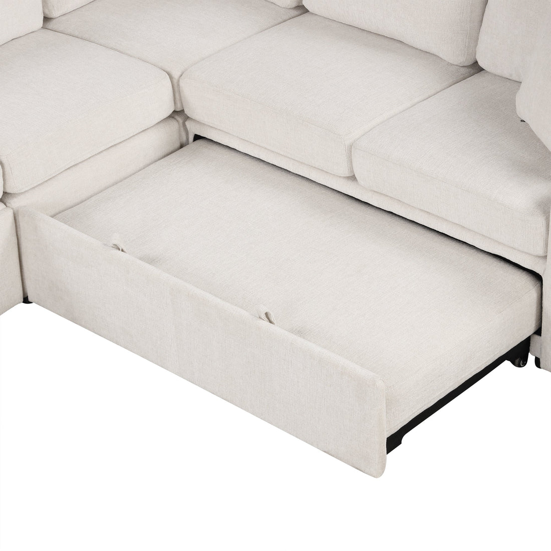Beige Chenille Sectional Sofa Convertible Pull-out Bed with Storage