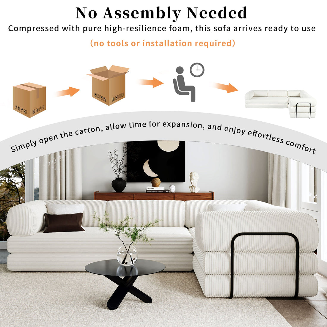 L-Shaped Modular Sofa Bed in Corduroy Fabric, Ideal for Living Rooms