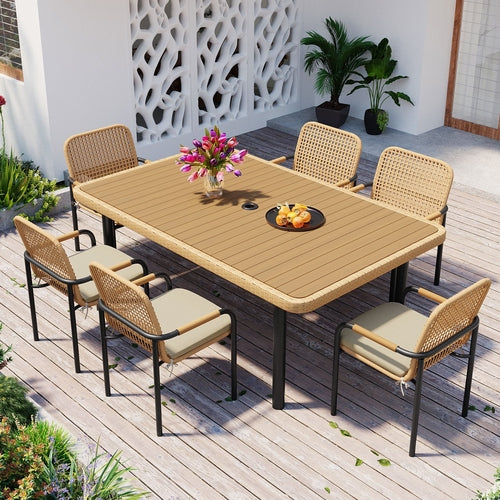 7 Pieces Patio Dining Set, Outdoor Wicker Furniture Set, Plastic-wood