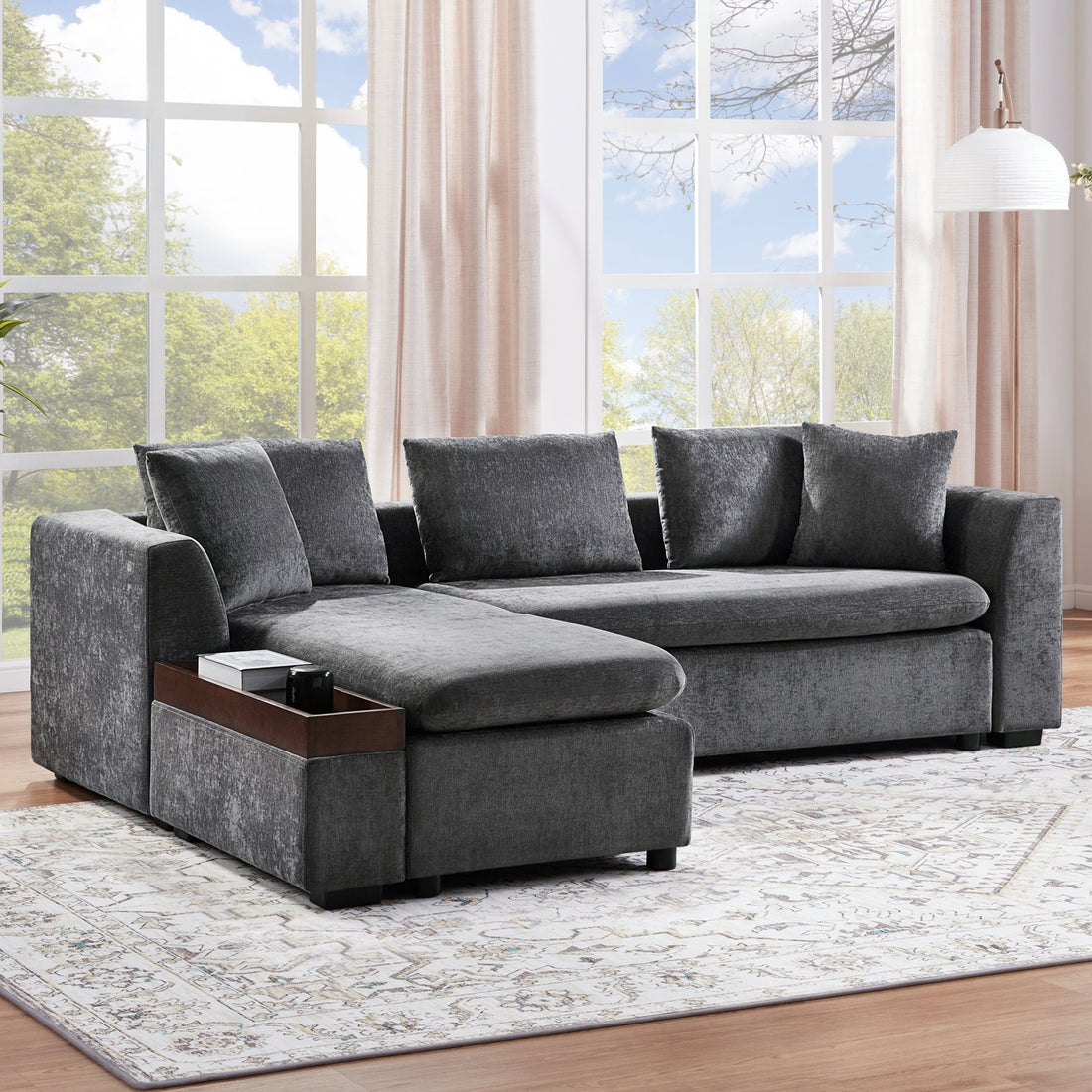 Modern L-Shaped Sectional Sofa with Storage in Gray Chenille, 93.7'
