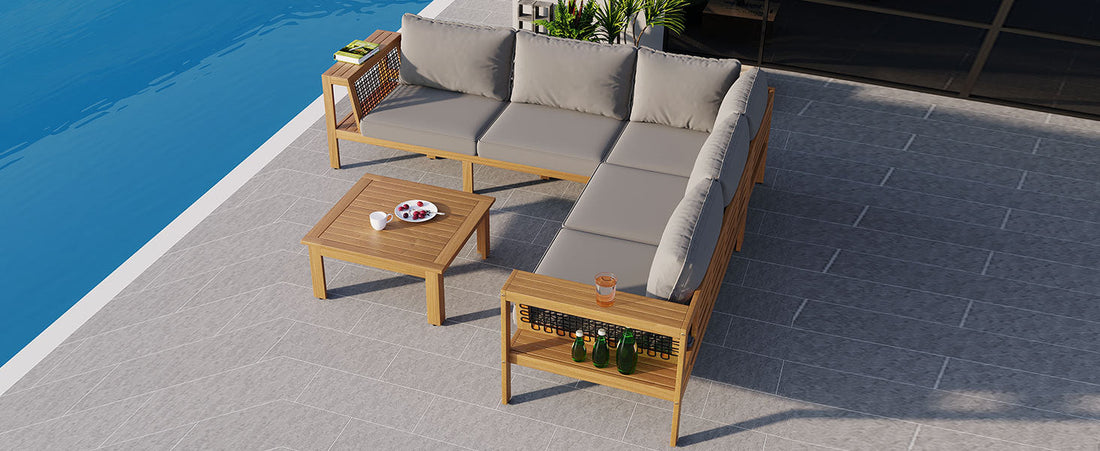 4 Pieces Outdoor Acacia Wood Sofa Set, Woven Mesh Armrests, L-Shaped