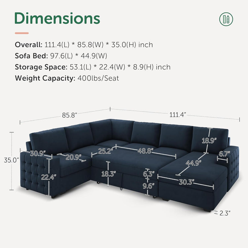 Velvet U-Sectional Sleeper Sofa, Pull-Out Bed, Blue