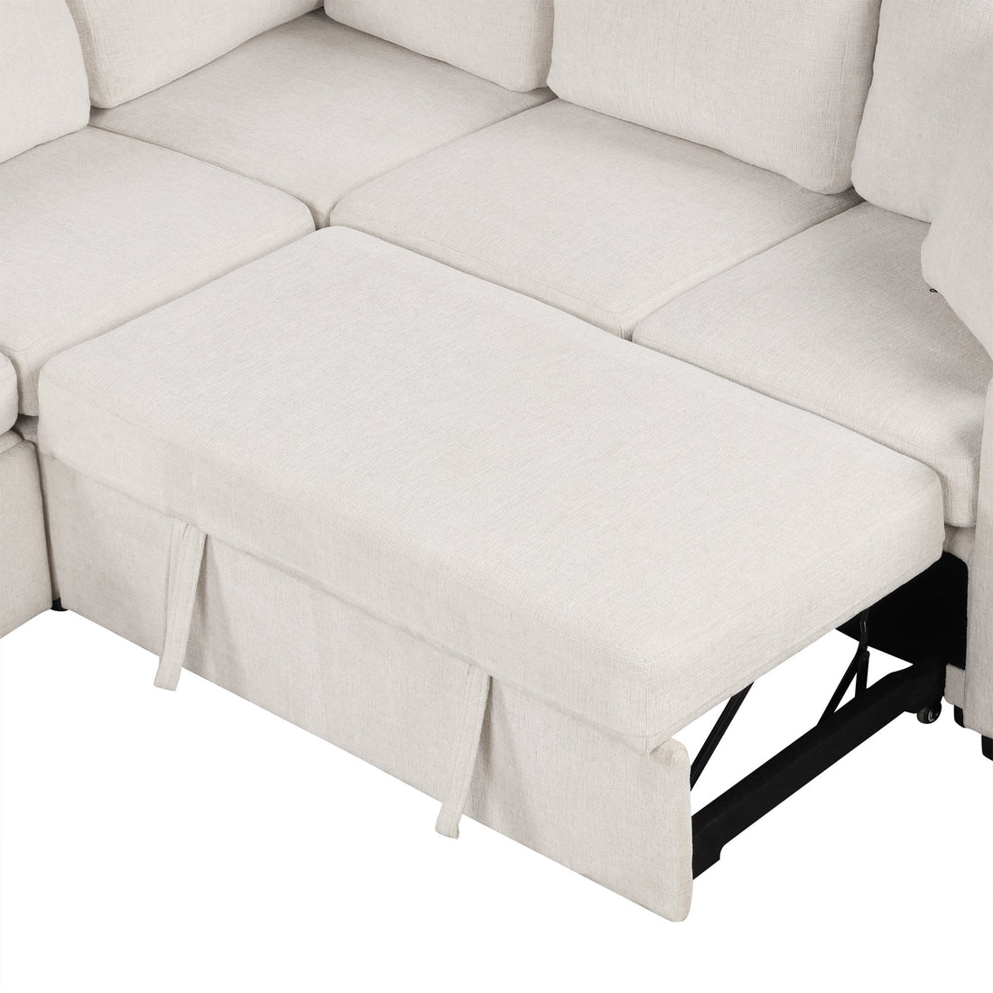 Beige Chenille Sectional Sofa Convertible Pull-out Bed with Storage