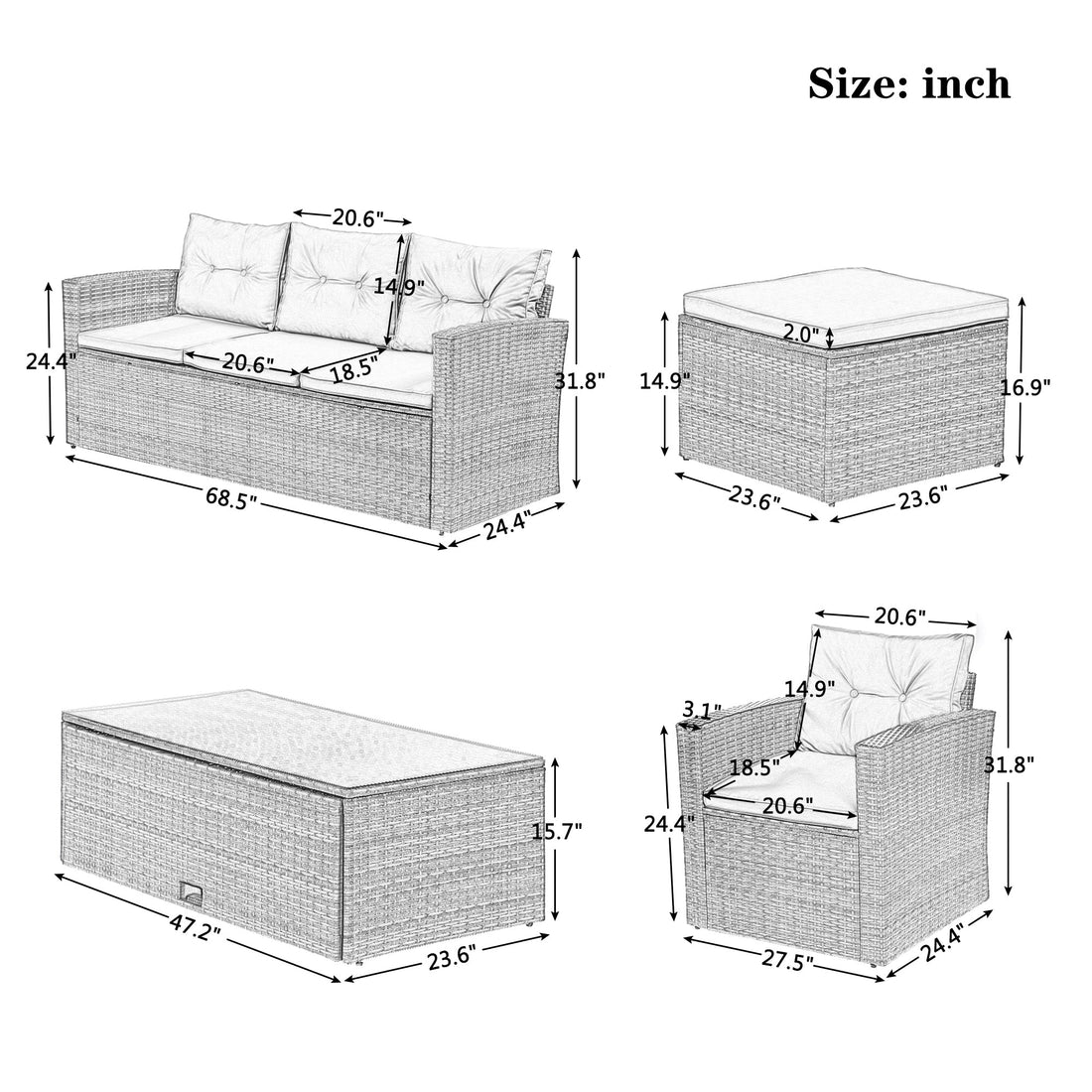 6-piece All-Weather PE rattan Patio Outdoor Dining Conversation