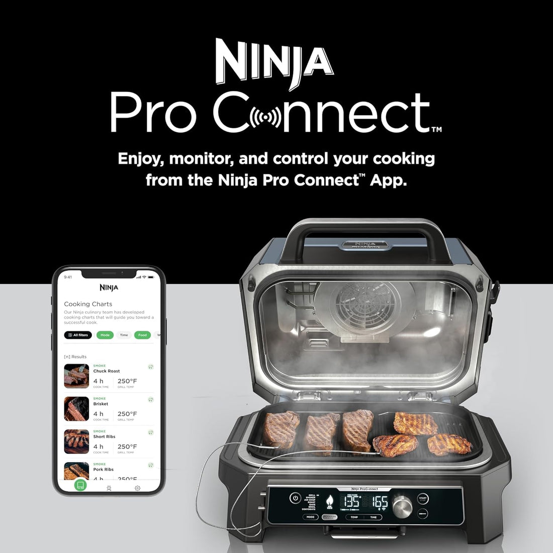 XL Smart Grill Smoker: 7-in-1, App Control, Black