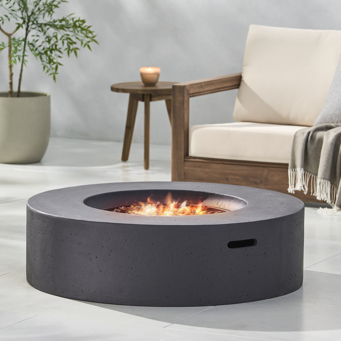 Modern Lightweight Concrete Outdoor Circular Fire Pit 50,000 BTU Dark