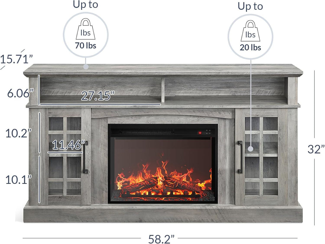 Traditional 58" Rustic TV Stand with 23" Electric Fireplace Heater