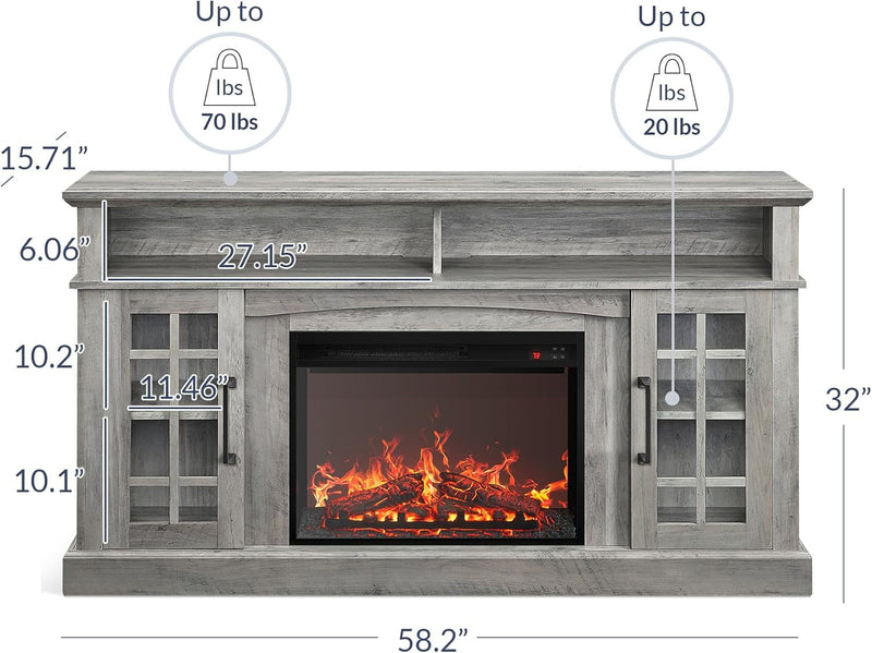 Traditional 58" Rustic TV Stand with 23" Electric Fireplace Heater