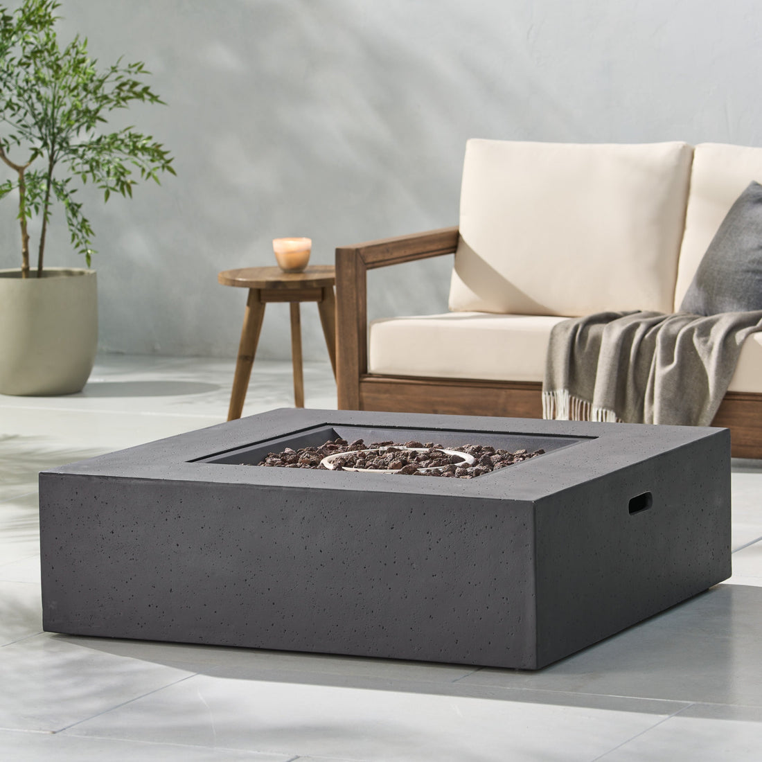 Modern 50,000 BTU Square MgO Fire Table with Propane Tank in Dark Grey