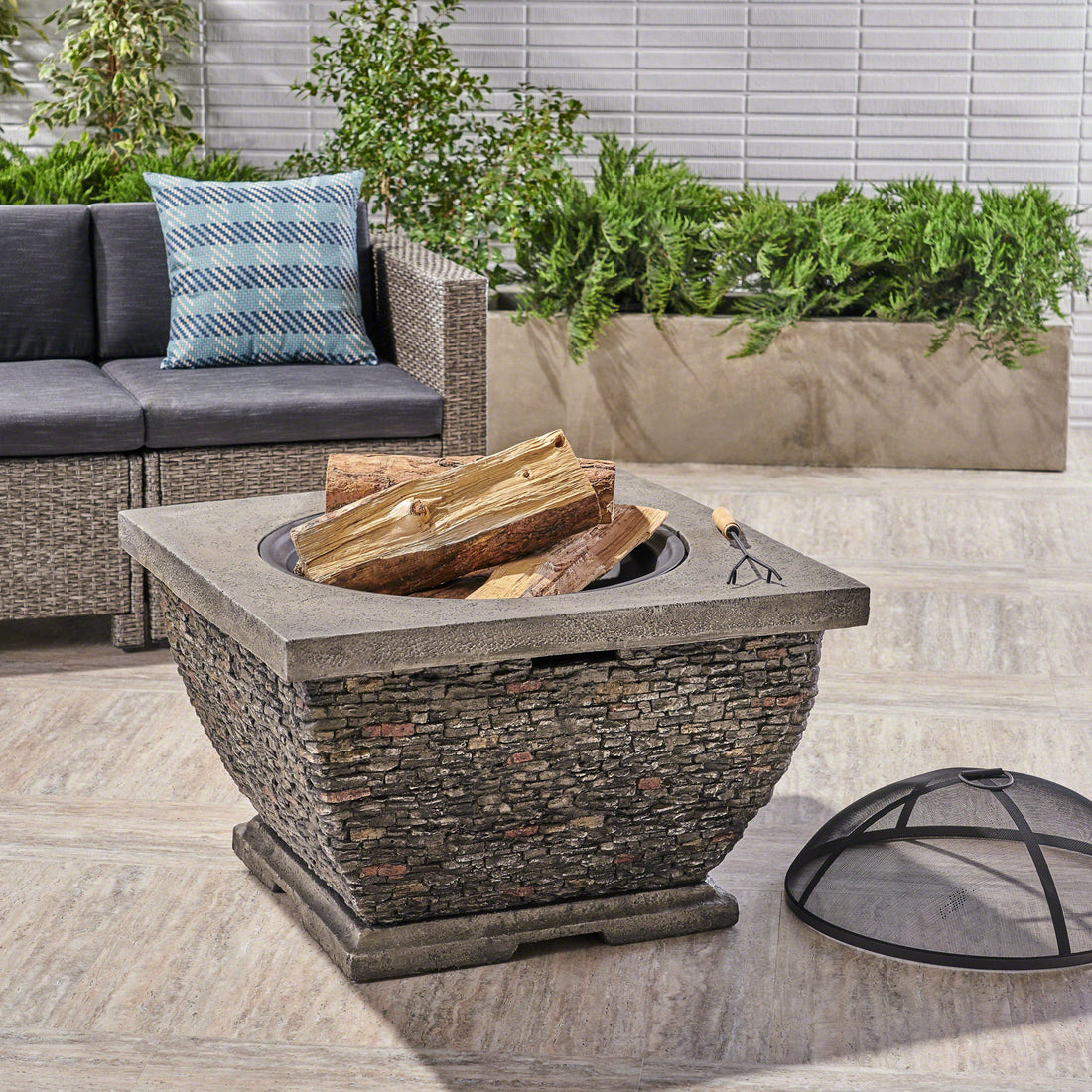 32'  MgO Light-Weight Concrete Wood Burning Square Fire Pit, Grey