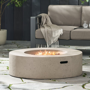 Modern Outdoor 50,000 BTU Round MgO Concrete Propane Fire Pit, Light