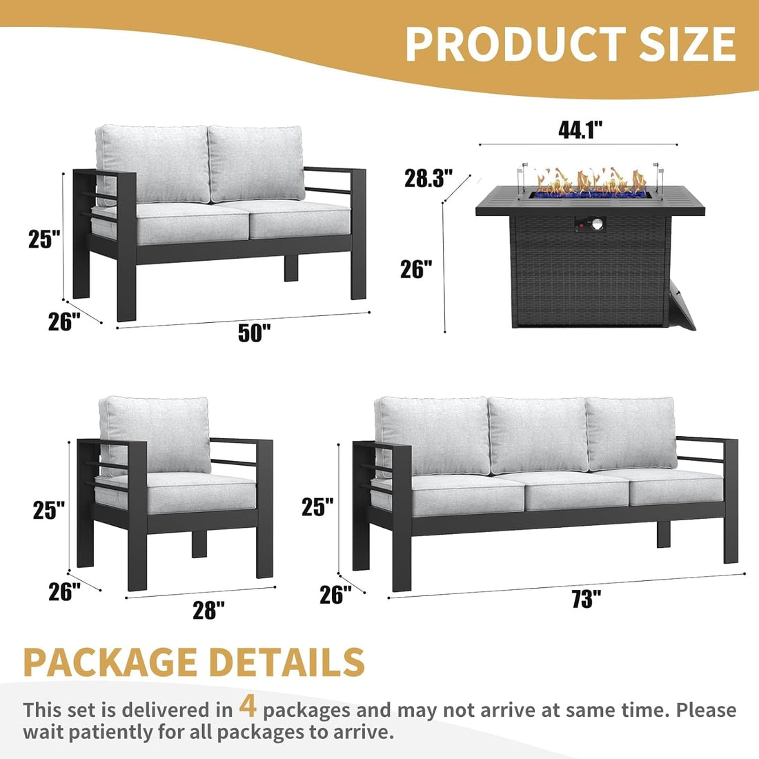 Aluminum Furniture Set with Fire Pit Table, 5 Pieces Patio Sectional