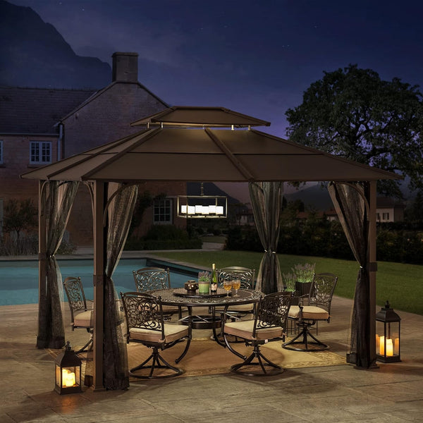 10x12 Hardtop Gazebo Steel Frame Netting Brown