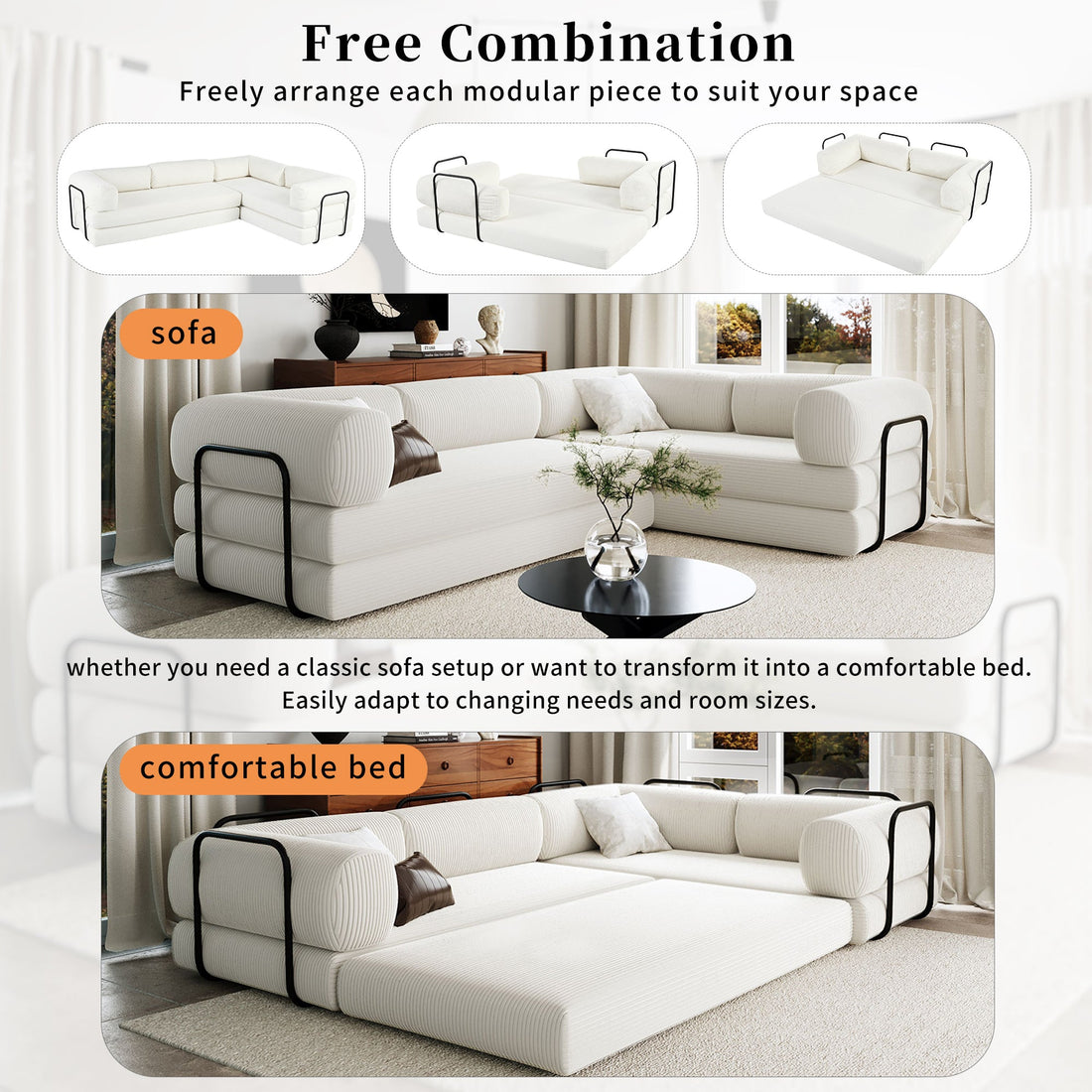 L-Shaped Modular Sofa Bed in Corduroy Fabric, Ideal for Living Rooms