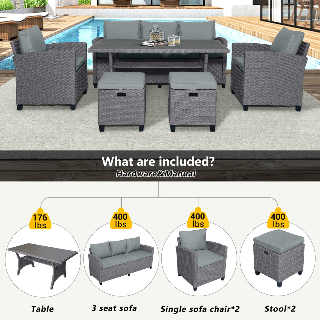 6-Piece Outdoor Rattan Wicker Set Patio Garden Backyard Sofa, Chair