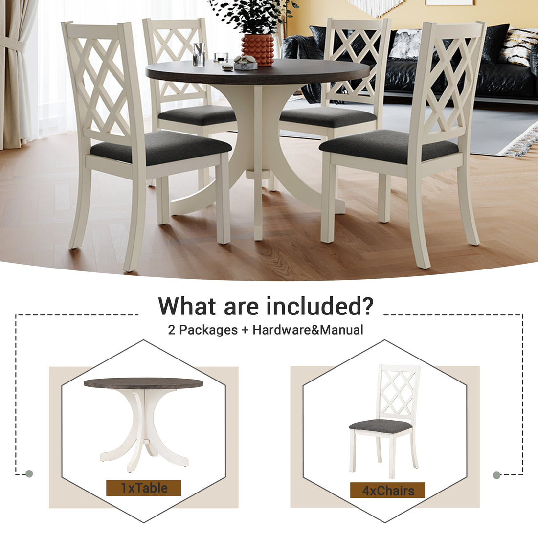 Mid-Century Solid Wood 5-Piece Round Dining Table Set, Kitchen Table