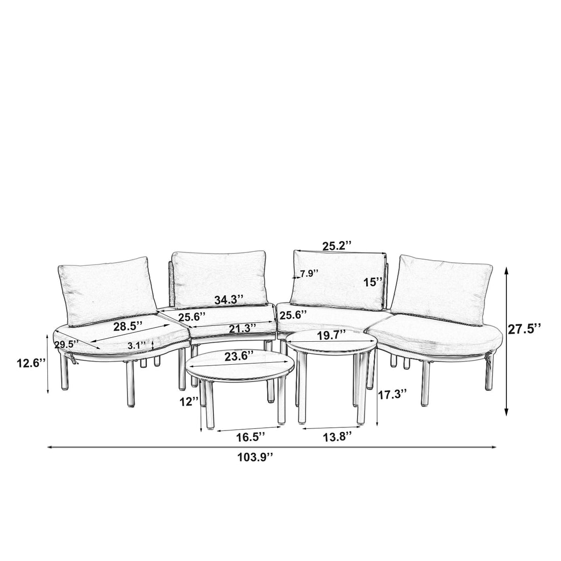 6-Piece Patio Sofa Furniture Set, Half Moon Outdoor Sectional Sofa