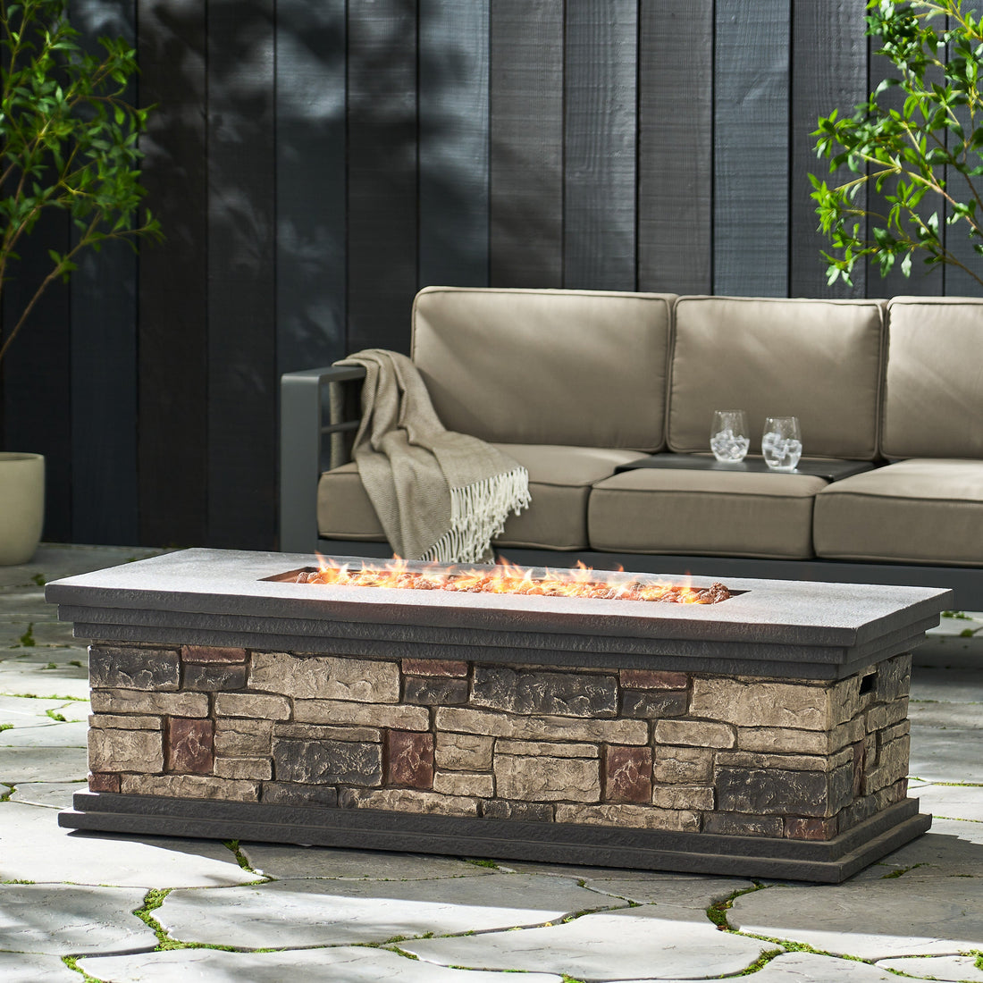 Contemporary Rectangle MGO Fire Pit 50,000 BTU Stone Gray Magnesium