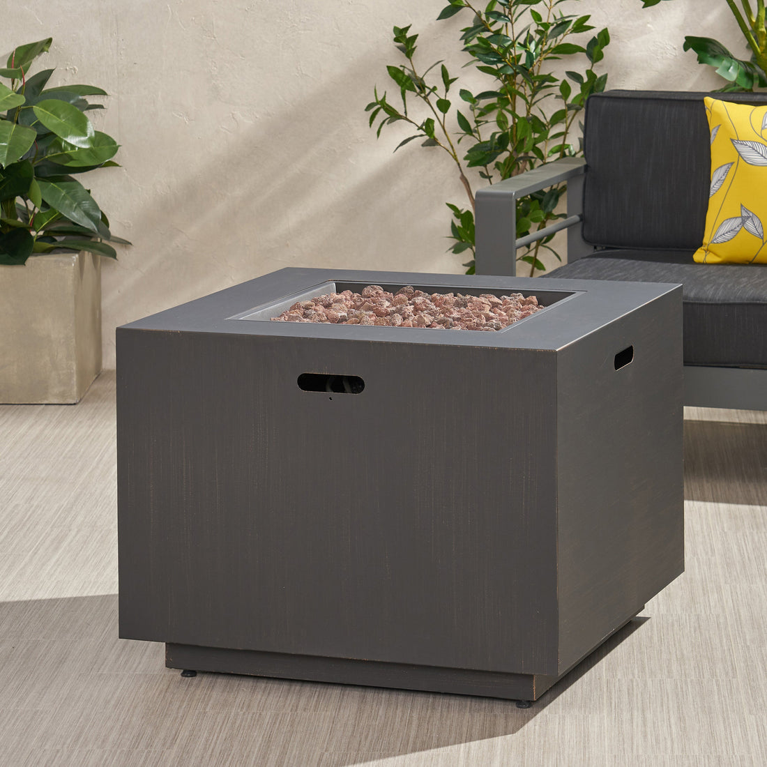 Outdoor Iron Square Propane Fire Pit with Tank Space, Brushed Brown