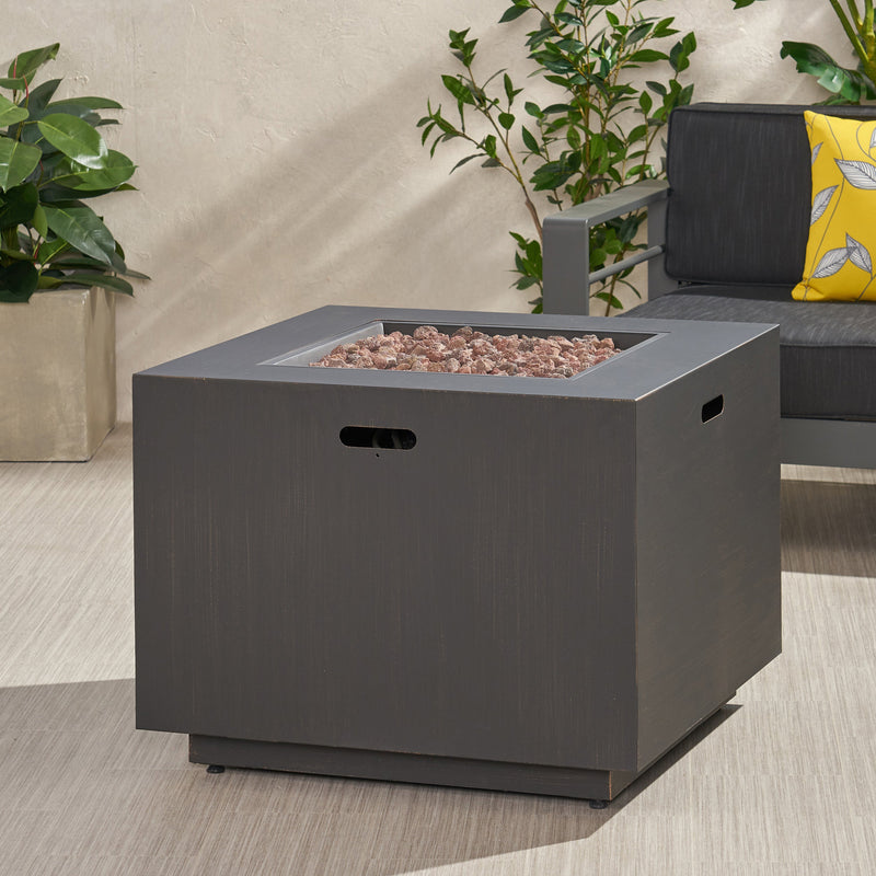 Outdoor Iron Square Propane Fire Pit with Tank Space, Brushed Brown