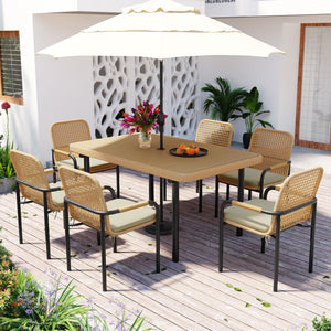 7 Pieces Patio Dining Set, Outdoor Wicker Furniture Set, Plastic-wood