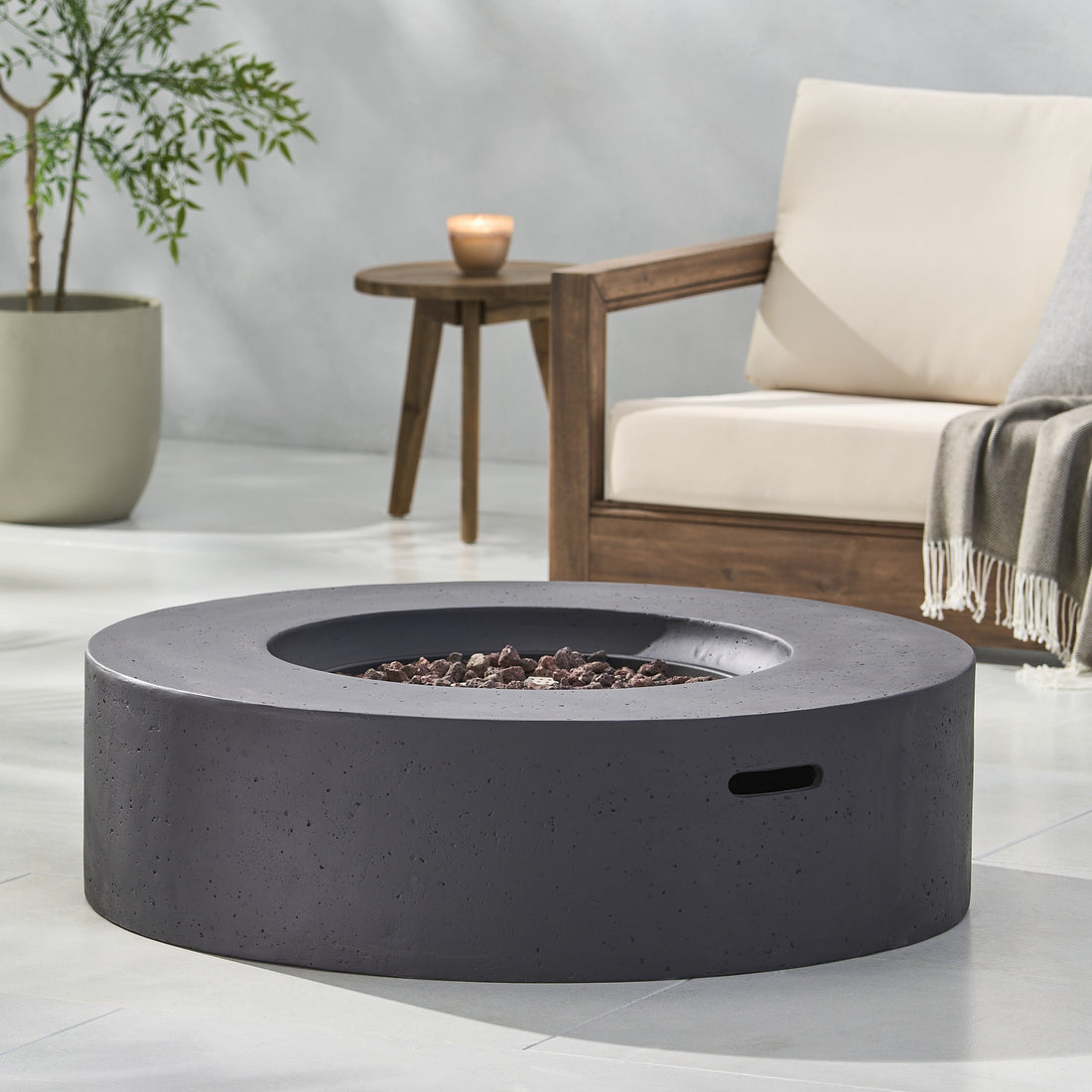 Modern Lightweight Concrete Outdoor Circular Fire Pit 50,000 BTU Dark