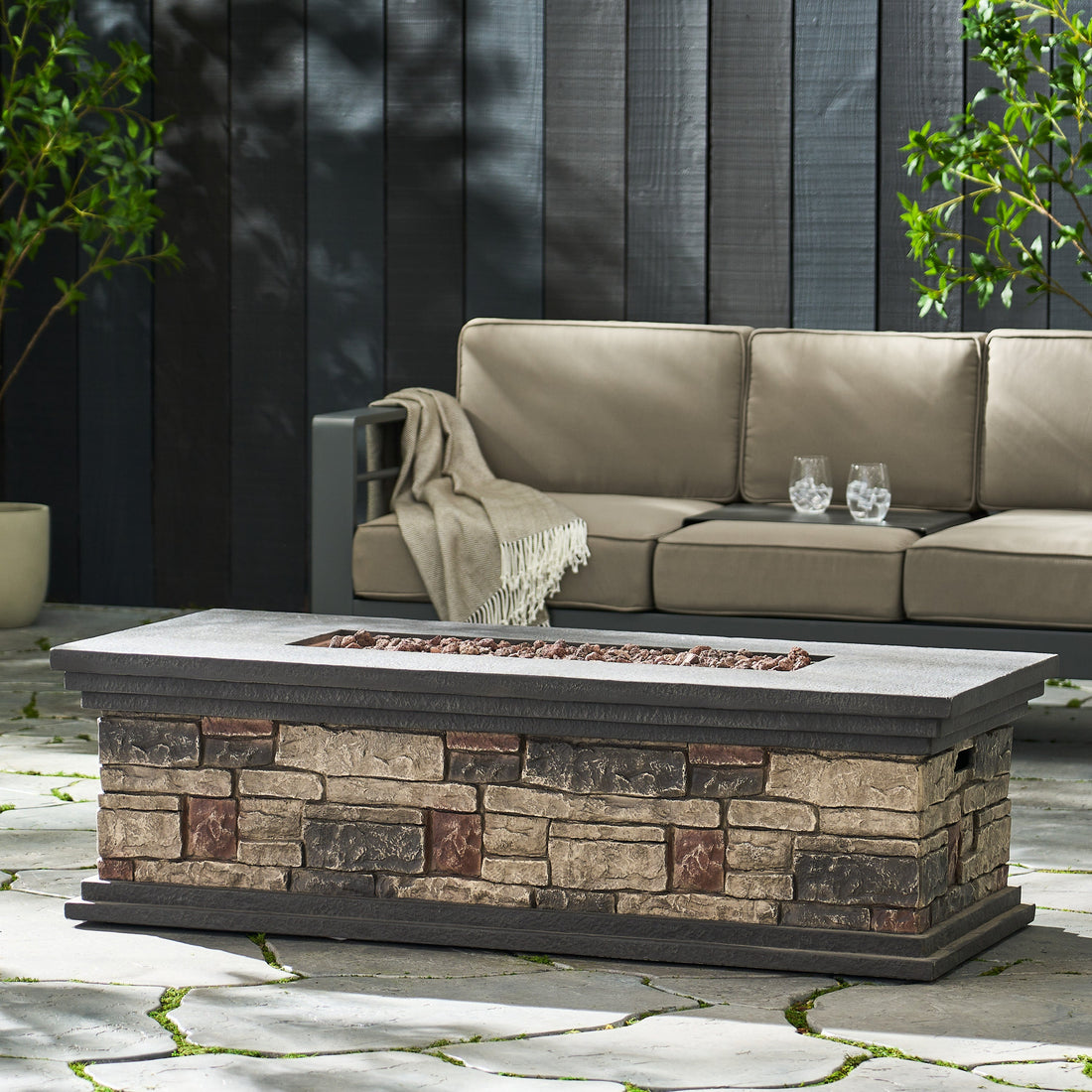 Contemporary Rectangle MGO Fire Pit 50,000 BTU Stone Gray Magnesium