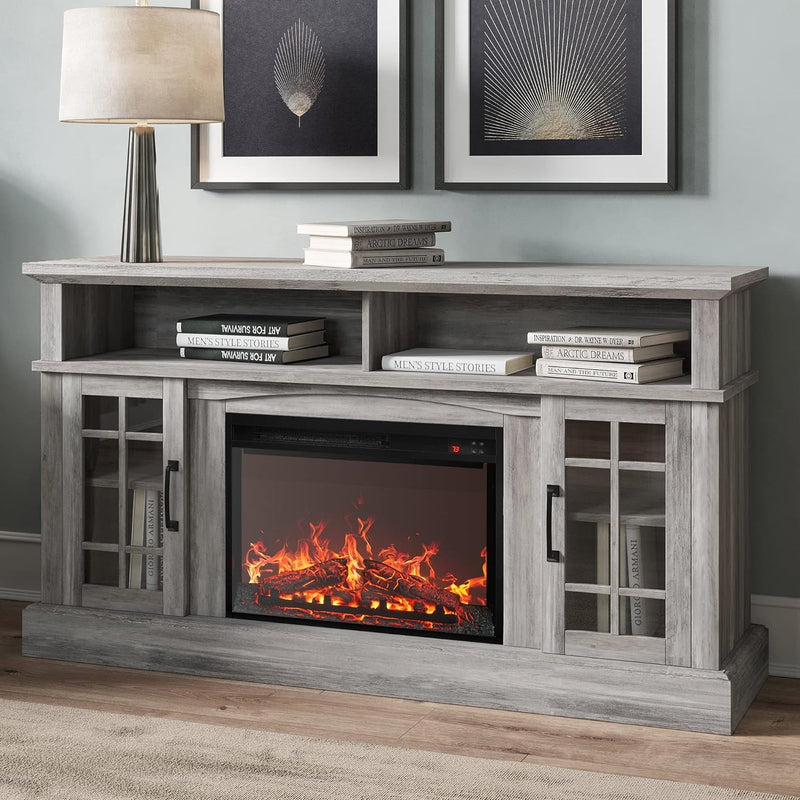 Traditional 58" Rustic TV Stand with 23" Electric Fireplace Heater