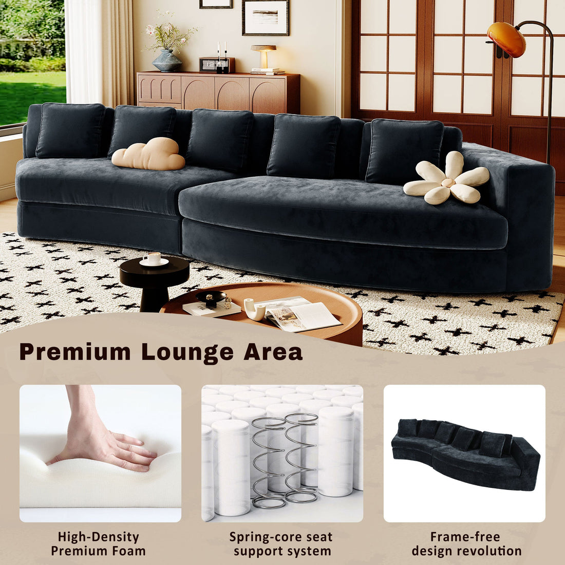 115.7' Pure Foam Modular Sofa, 2-Piece Set with 5 Cushions, 4-Seater,