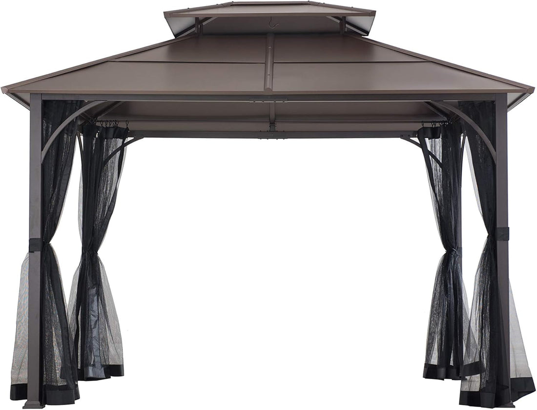 10x12 Hardtop Gazebo Steel Frame Netting Brown